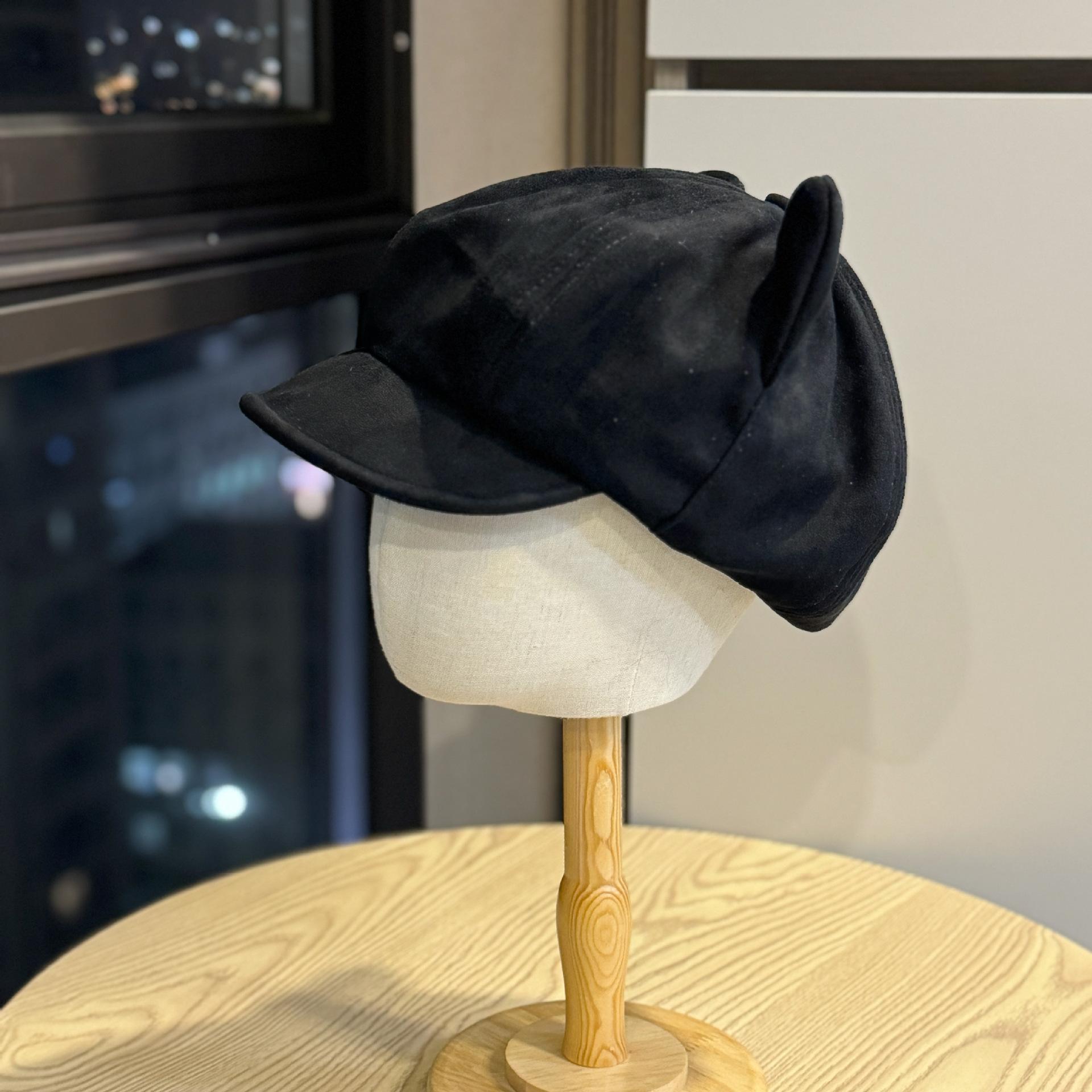 

Suede cat ear beret for women, autumn and winter hat, fashionable and versatile, Korean-style sweet short-brim casual artist hat, trendy Adult54-60Average Size чёрный