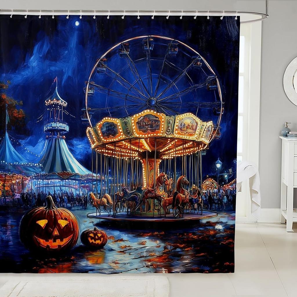Cartoon Circus Bathroom Curtains Happy Holiday Shower Curtain Sets for Kids Boys Girls Funny Ferris Wheel Shower Curtain Funny
