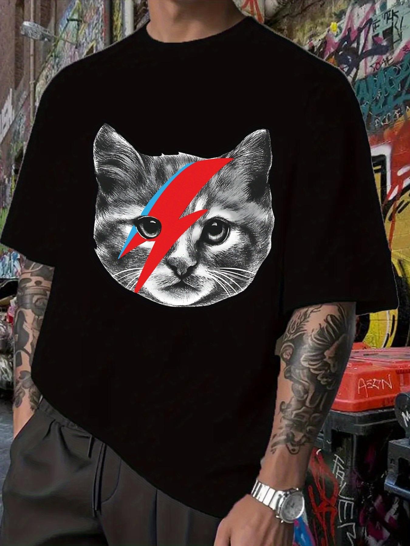 

Black Graphic T-shirt - Bold Cat Face with Blue & Red Lightning Bolt Eyes - Soft Breathable Fabric Regular Fit Tee for Concerts XXXL