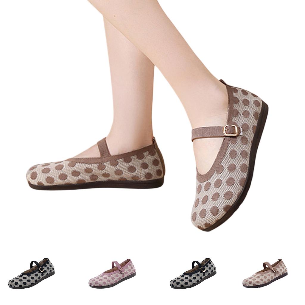 Women Fashion Flyknit Polka Dot Buckle Flat Shoes Lightweight Breathable Slip On Casual Footwear for Daily Wear