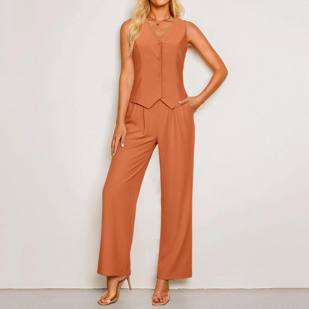 Women's Casual Summer Linen Two-Piece Sleeveless Top High Waist Trousers Beach Vacation Set