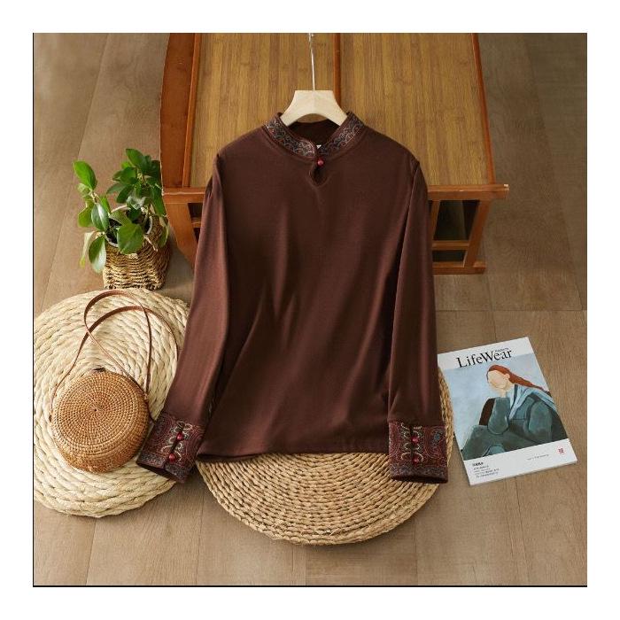 2025 Китайская этническая ретро вышитая футболка с высоким воротником и длинным рукавом M кофейный