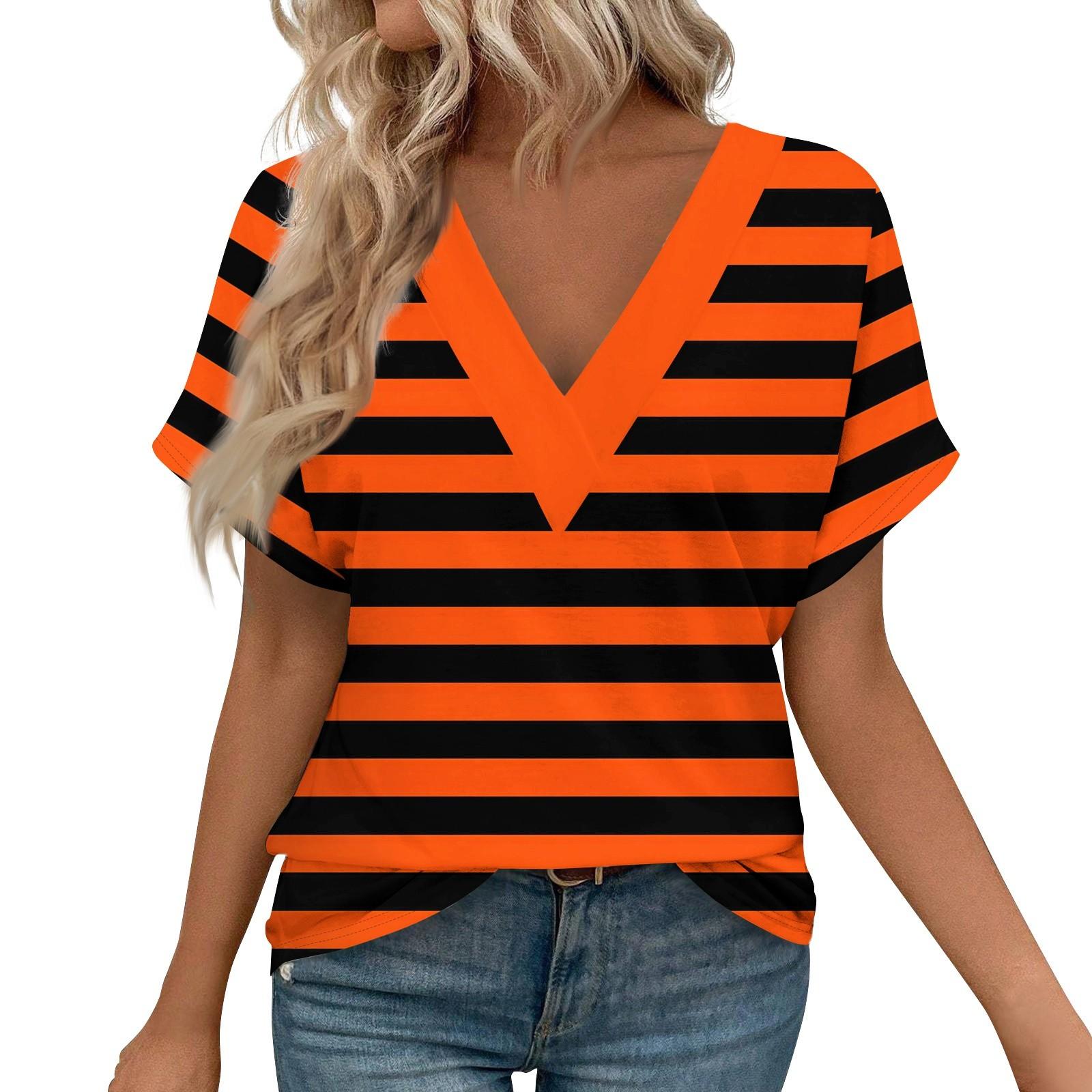 

Женские рубашки с коротким рукавом, топы с принтом и V-образным вырезом, повседневные топы, базовые футболки, блузки, свободные топы XXL оранжевый