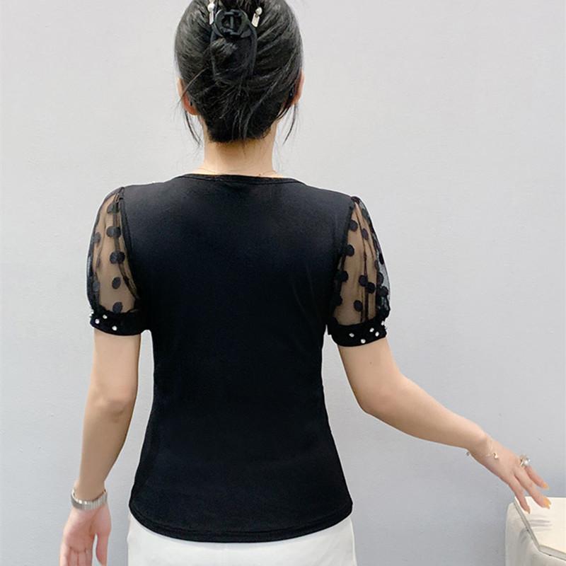 Summer New Mesh T-shirt Shiny Hot Diamonds Tees Sexy V-neck Short Sleeve Women's Tops Fashion Classic Girl Streetwear Blouse