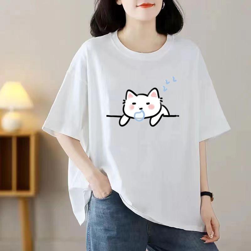 Ladies Summer Popular Short-sleeved T-shirt Cotton Breathable Loose Top Printed T-shirt Casual