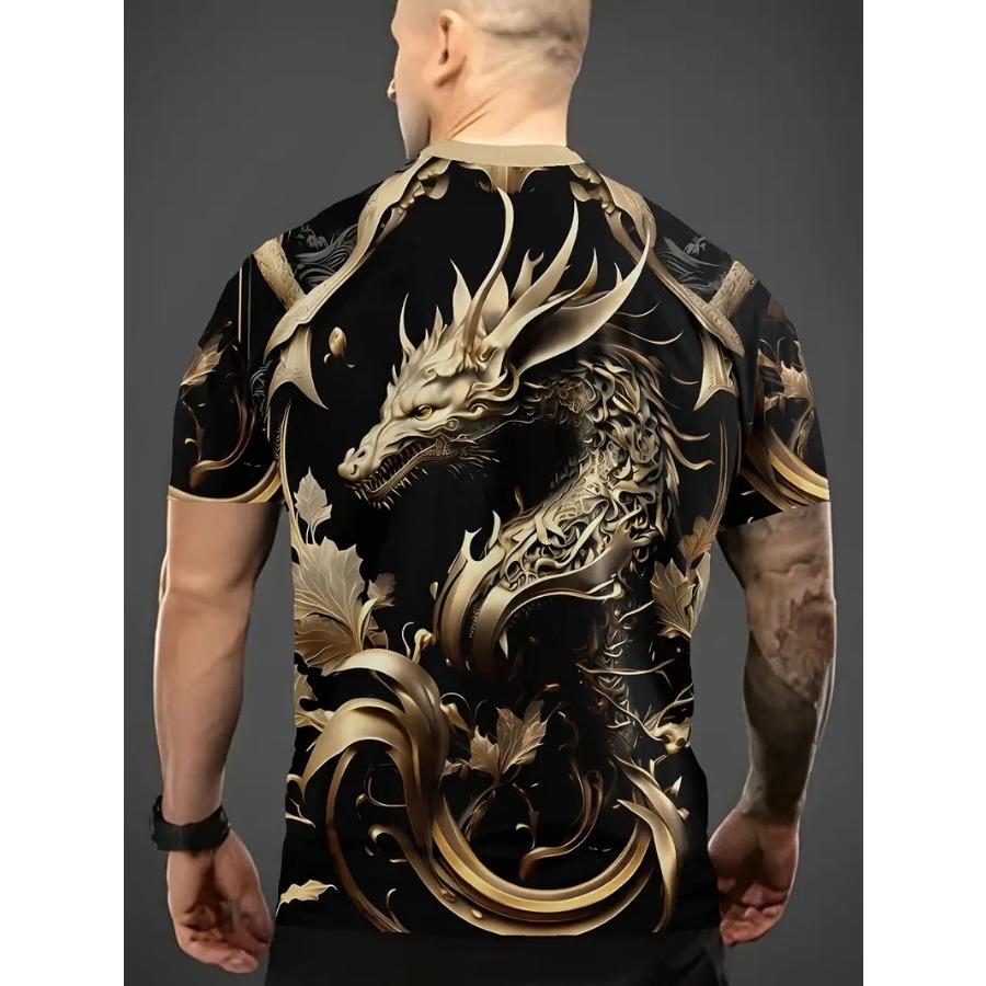 Tricou cu mânecă scurtă și gât rotund pentru bărbați cu animal dragon - Design îndrăzneț și inedit de roman grafic pentru bărbați, topuri de vară în stil outdoor