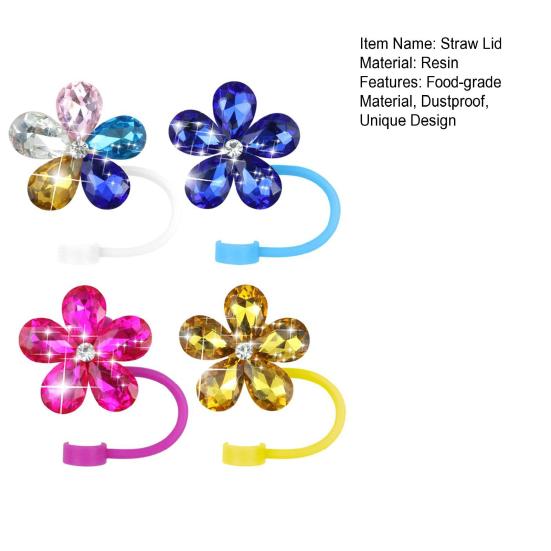 4 ks Květinové krytky na brčka pro hrnek Prachotěsné ozdoby na brčka s kamínky