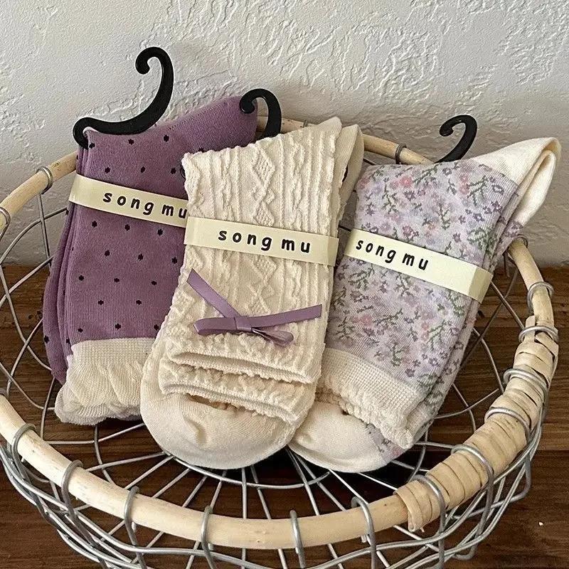 1/3 Purple Floral Socks Children's Middle Socks Autumn Cute White Bow Middle Socks Sweet Retro Lace Socks