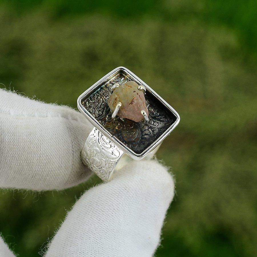 Natural Pink Tourmaline Gemstone Promise Adjustable Ring 925 Sterling Silver Adjustable