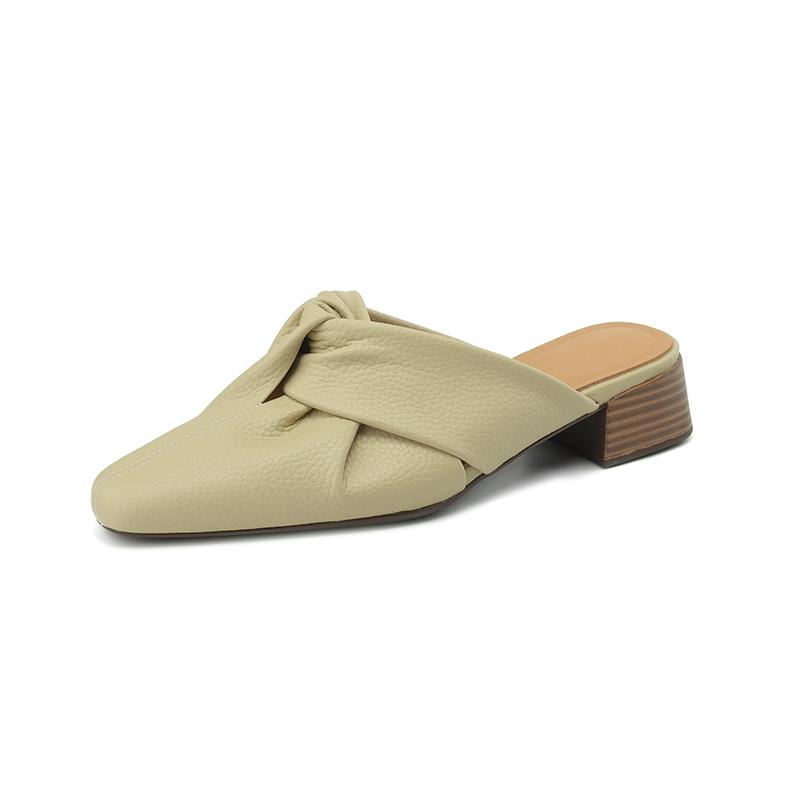 Women Mule Slippers Concise Style Simple High Heels Shoes Cow Leather Square Toe Mules 2024 New Spring Women Outdoor Slippers