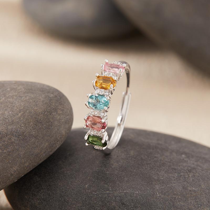 Natural Gemstone Tourmaline Ring Women'S S925 Sterling Silver Colored Treasure High-Sense Index Finger Ring
