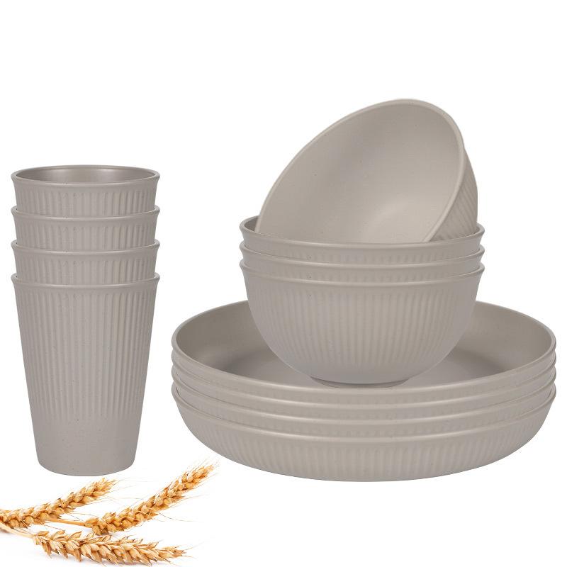 12 ks Sada nádobí ze pšeničné slámy Nerozbitná sada talířů a misek Opakovaně použitelné sady nádobí Vhodné do myčky a mikrovlnné trouby