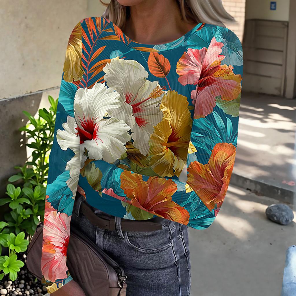 Damen Lässiges Mode-Oberteil mit Rundhalsausschnitt, Hawaiianischem Print und Langen Rippbündchen