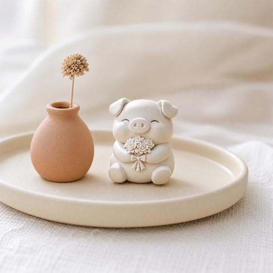 3D Printed Cute Pig Bouquet Figurine, Matte White Animal Sculpture, Smooth Decor Ornament with Rose & Bow, Stable Statue for Desktop Car Entrance