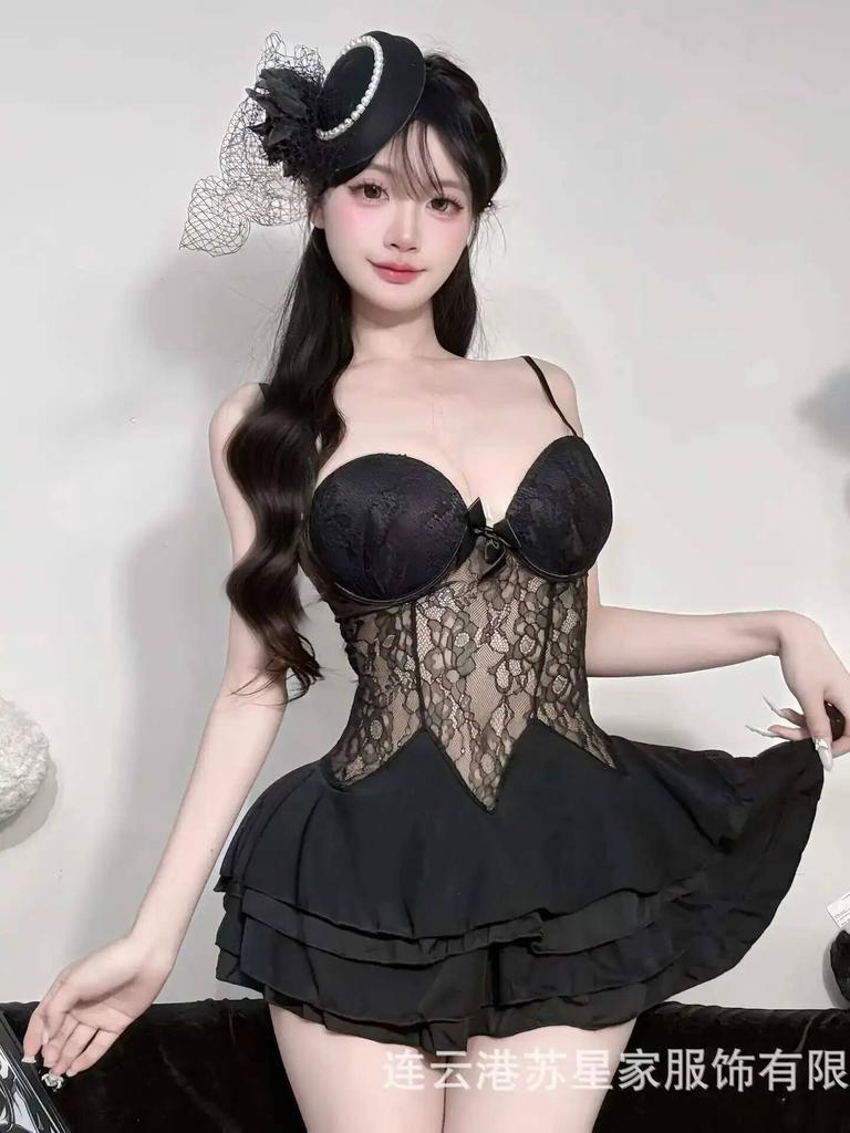 Sexy Lingerie Plus Size Sexy Deep V Lace Transparent Backless Deep V Suspenders Sleeveless Cake Dress Charming Pure Desire U64P