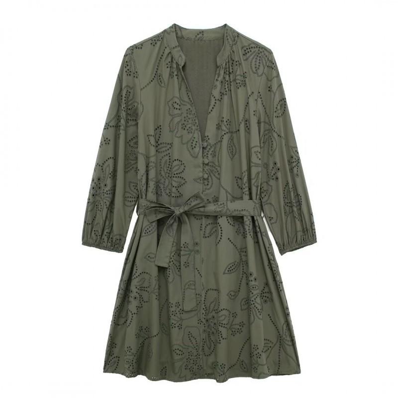 European American Women s Clothing National Style Long-sleeved Carved Embroidered Waist Dress S
