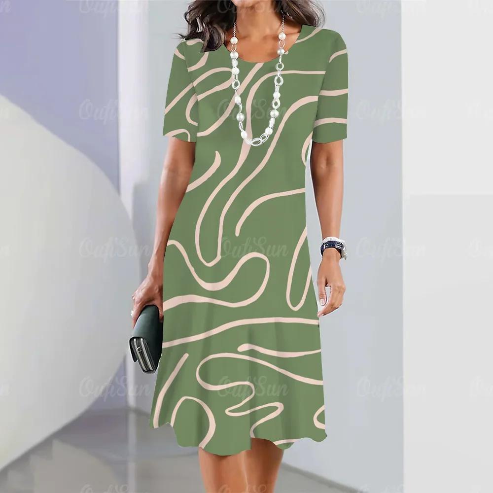 Summer Woman Dresses Women's Round Neck Short Sleeves Clothing Irregularly Streak Print Dress Clothing Loose Pullover Streetwear