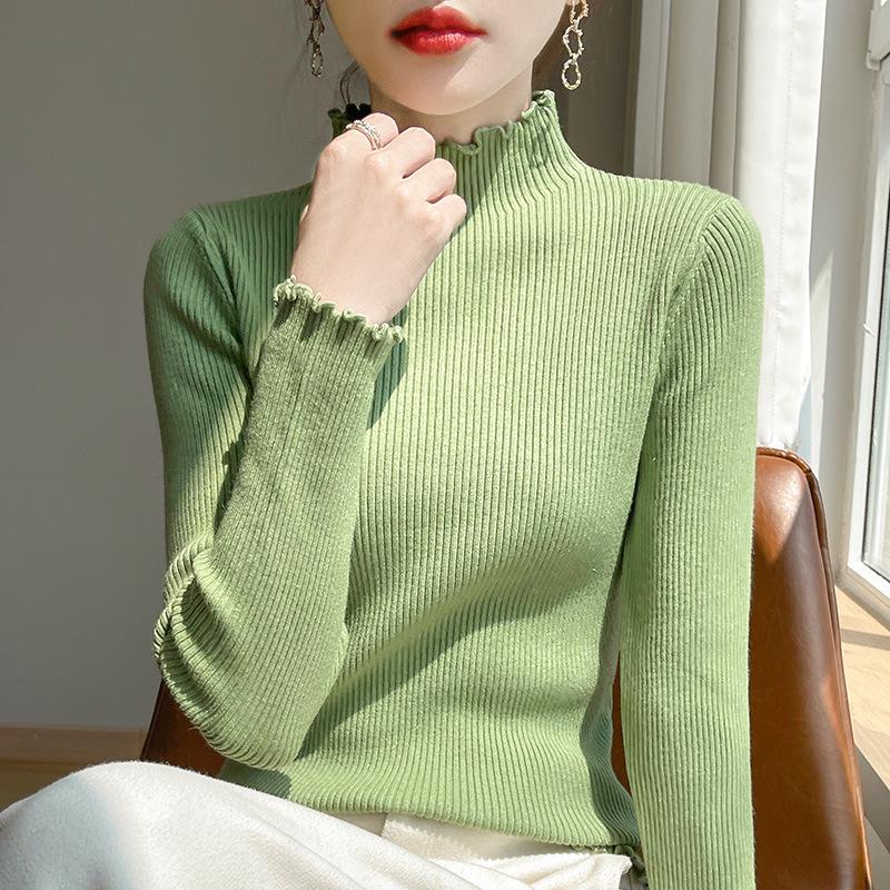 Women's Slim Sequin Knit Sweater with Lace Half-High Collar - Autumn/Winter Korean Style Pullover