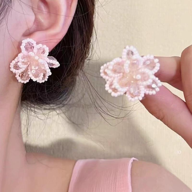 Zircon imitation pearl flower earrings new Y2K sweet high-end earrings French camellia light luxury unique temperament earrings