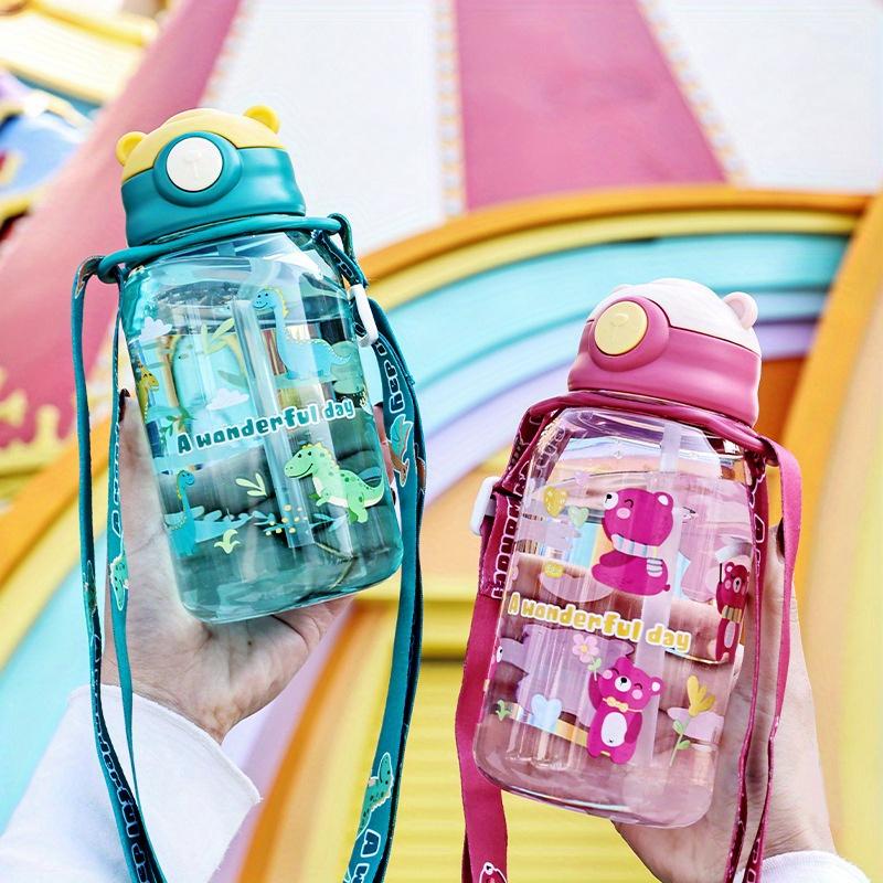 Cute Cartoon Plastic Water Cup With Straw Cup Summer Portable Sports Water Bottle For Outdoor Camping Travel Universal Drinkware