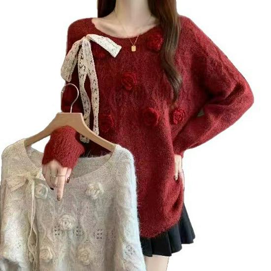 2026 Autumn/Winter 3D Flower Bow Knit Sweater – Women's Gentle, Loose, Temperament Style