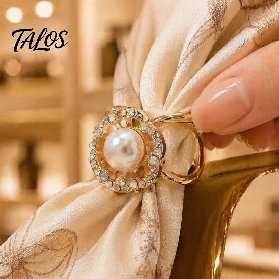 Decorative Scarf Holder Retro Flower Ring, Faux Pearl Rhinestone Clip, Vintage Ring Elegant Silk for Women Neckerchiefs Shawls Shirts