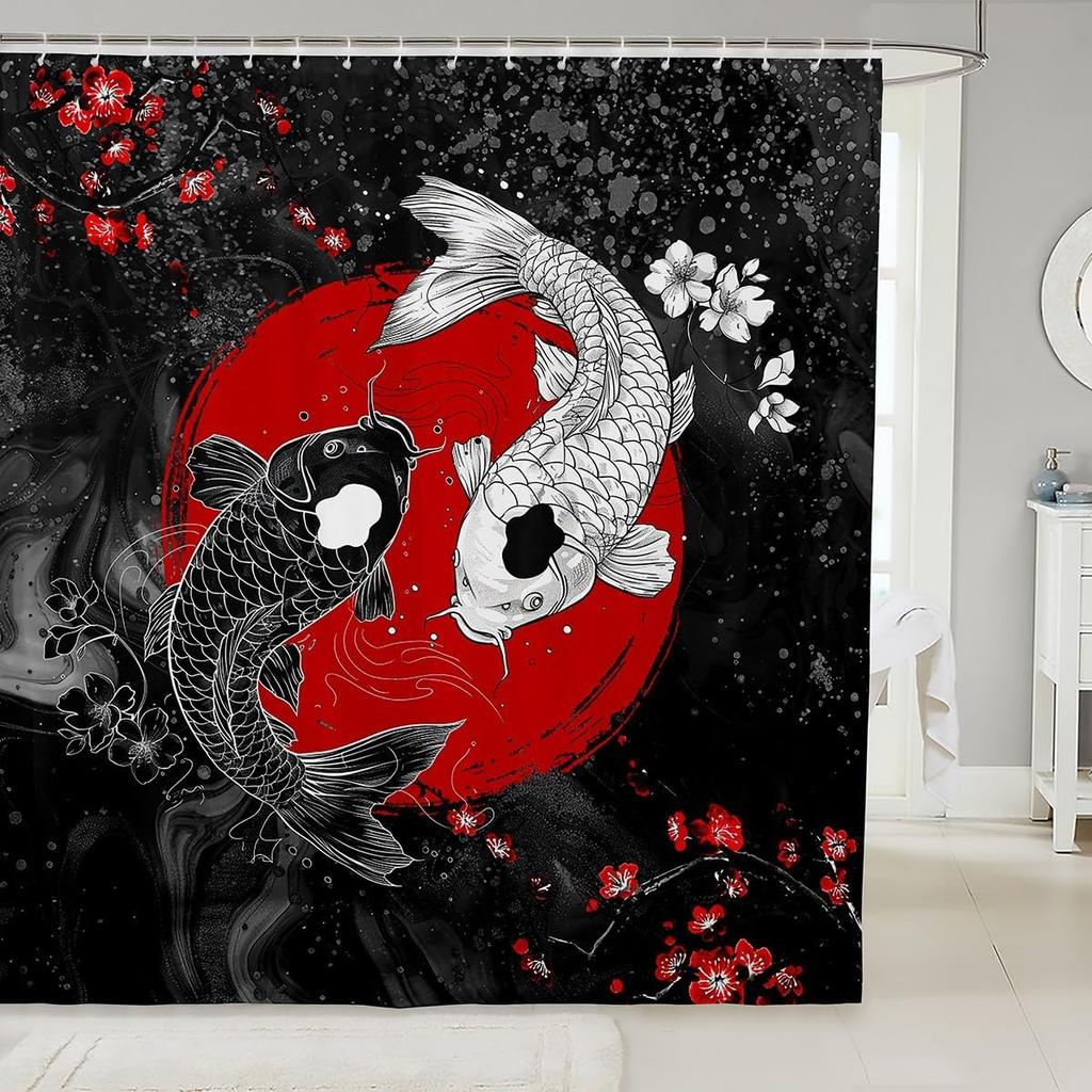 Japanese Wave Shower Curtain Kids Cherry Blossoms Bathroom Shower Curtain Set For Boys Girls Japanese Ukiyoe Theme Home Decor