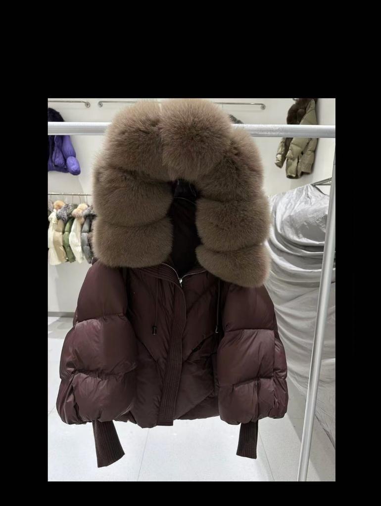 European winter new raccoon big fur collar hooded down jacket women's medium and long thickened warm knitted sleeve jacket