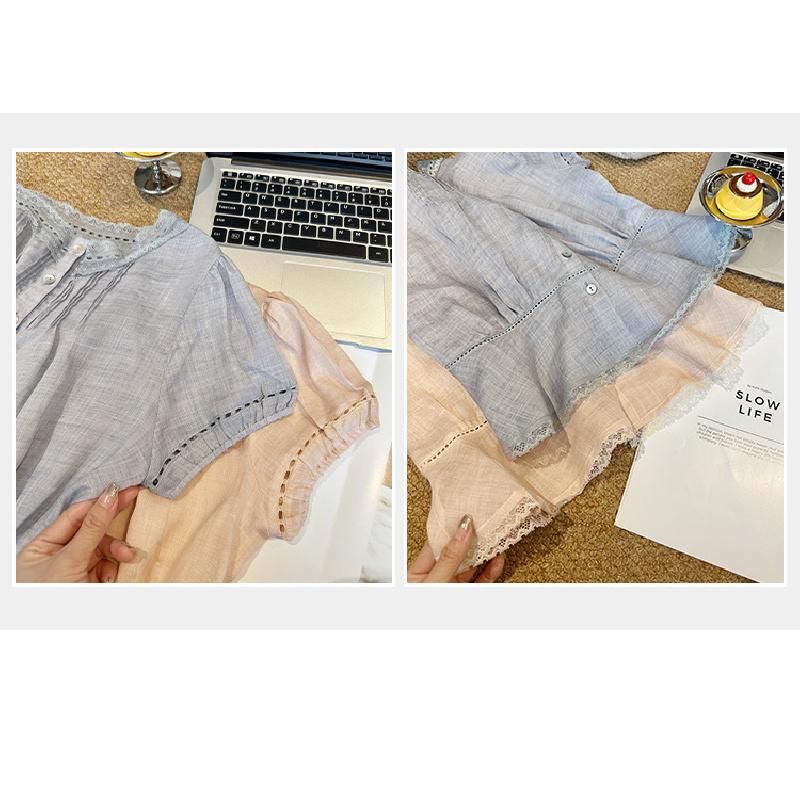 New Lace Spliced Puff Sleeve Chiffon Blouse for Women, Summer Tencel Ramie Short Top