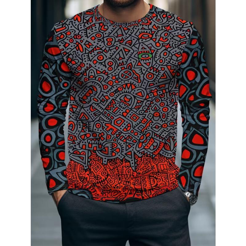 Camiseta masculina casual de outono e inverno com estampa e manga comprida, gola redonda