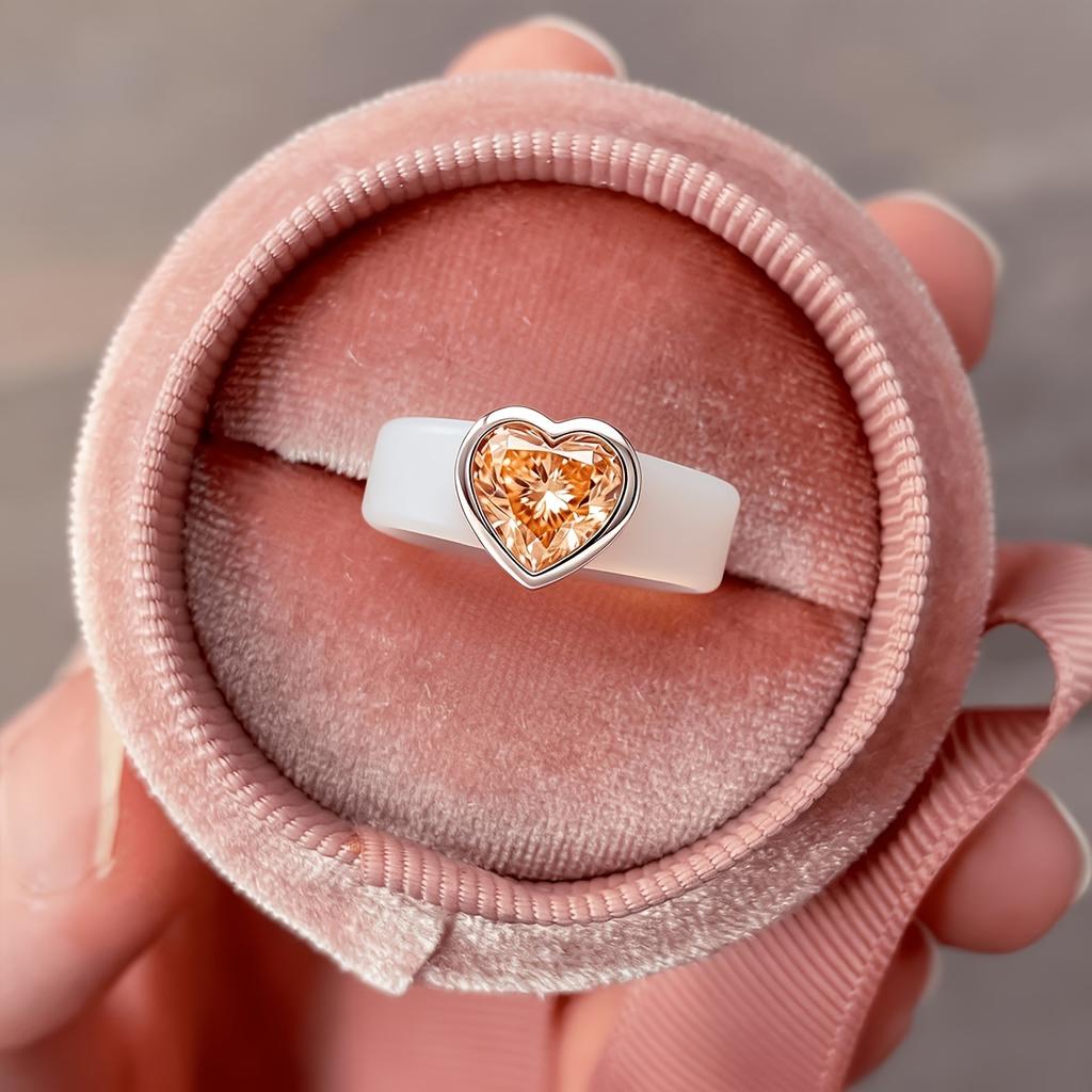 Women's White Silicone Promise Ring with Heart Champagne CZ, Dainty Stackable Comfort Band for Layered Look Party Casual Jewelry