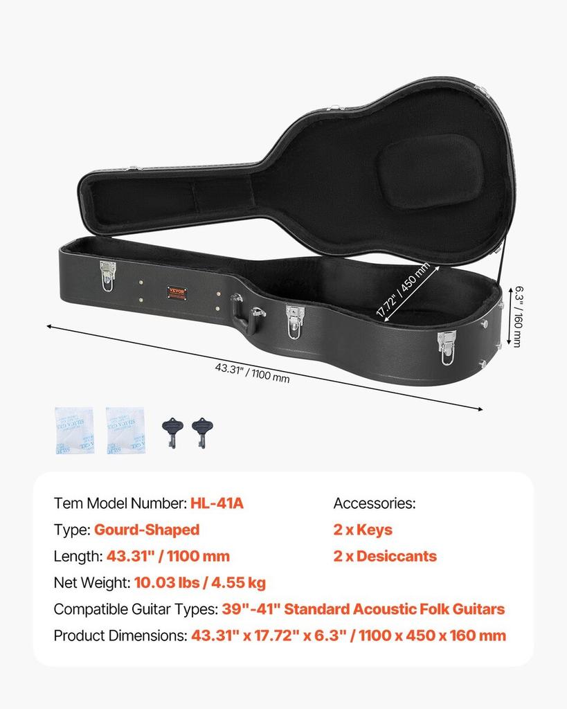 Acoustic Guitar Hard Case 43.31 In With Lock And Keys for Acoustic Guitar