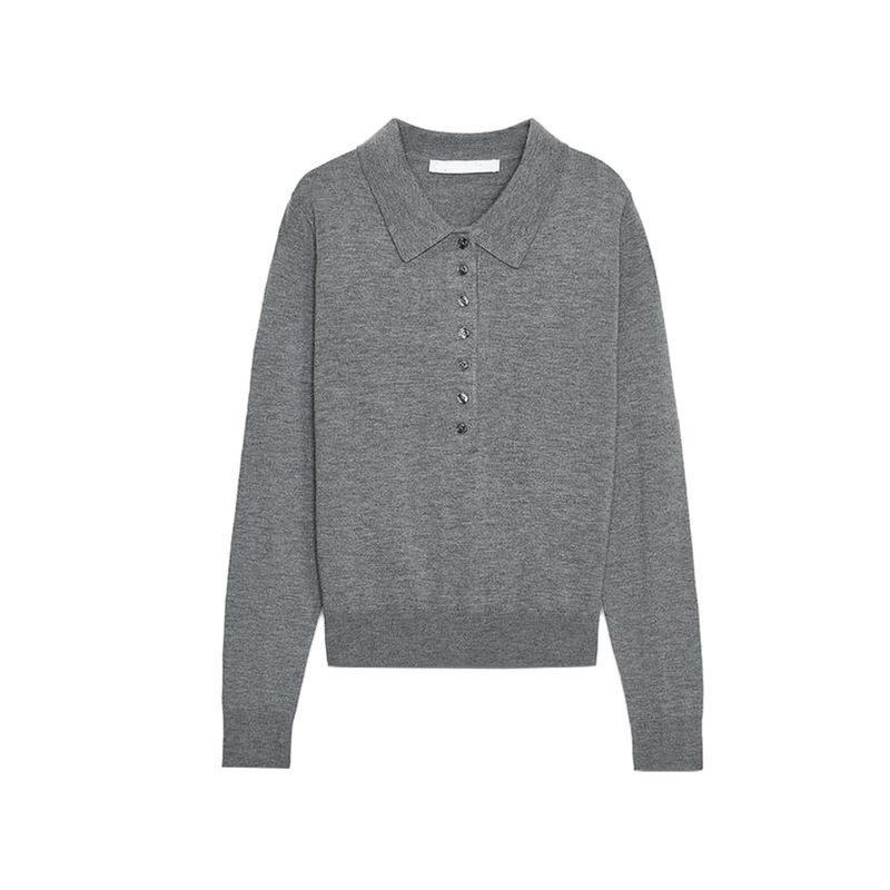Autumn New Women Clothes Idle Style Decorated Row Button Long Sleeve Polo Shirt Collar Plain Stitch Knit 2142271