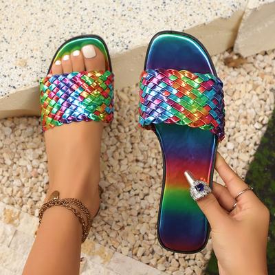Fashion Women Slippers Summer Fashion Beach Mules Casual Indoor Home Slippers Selling Sexy Braided Square Toe Flat Sandals Slides Women