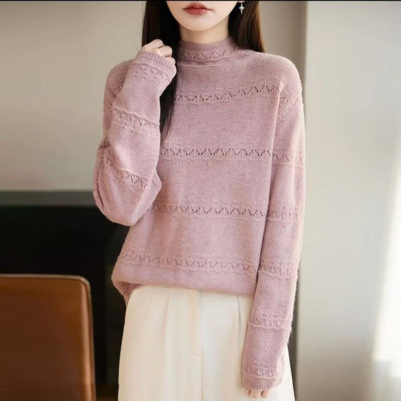 Women's Rhinestone Hollow Crochet Half-High Collar Sweater - Autumn/Winter Knitwear Top