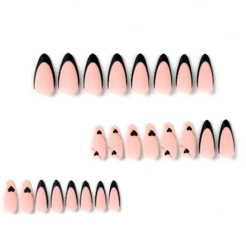 Long French Heart Gold Thread Nails with 1 Jelly Glue and 1 Nail File Press On Nails Black Coffee Almond Nails 15 Sizes Pre-app