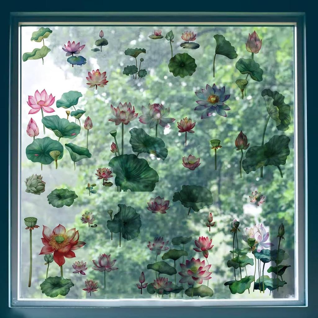 CRASPIRE 8 Sheets Lotus Flower Window Decal Large Lotus Leaf Sticker Summer Flower Decorative Waterproof PVC Adhesive Glass Window Clings to Prevent