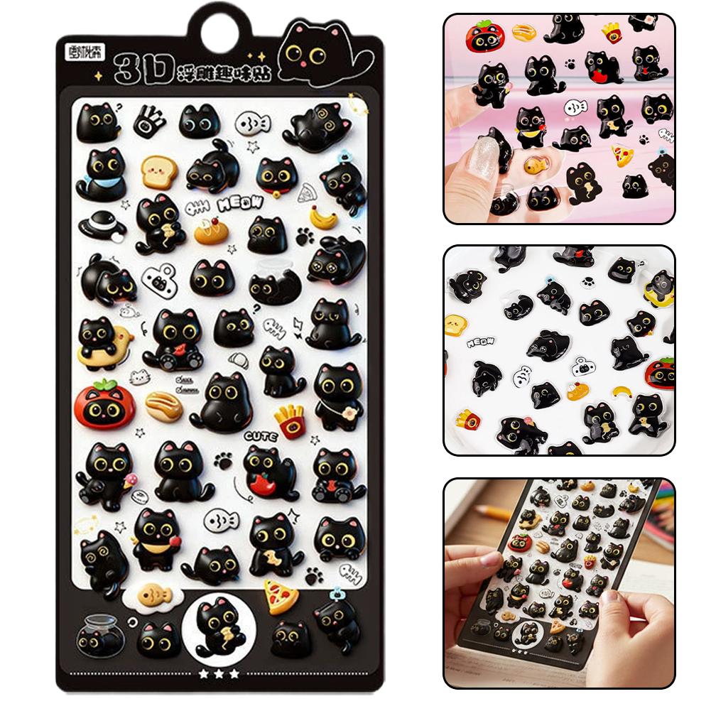 3D Cute Black Cat Puff Sticker, 4PCS Kawaii Cartoon Animal Mini Puffy Stickers, for DIY Scrapbooks Journals Laptops Phone Case