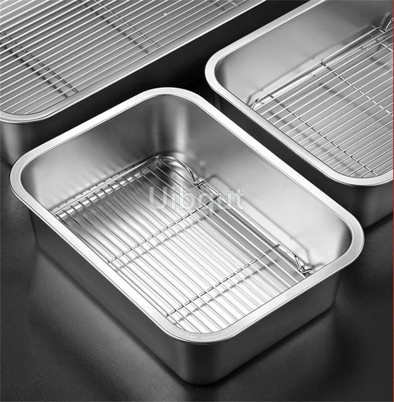 Deep Square Plate Basin with Rack Pallet Stainless Steel Bbq Fast Food Plate with Grid Mesh Dessert Dinner Set Restaurant Trays
