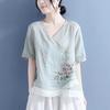 Womens Pink Floral Embroidered Linen Blouse Casual V Neck Wrap Short Sleeve Top