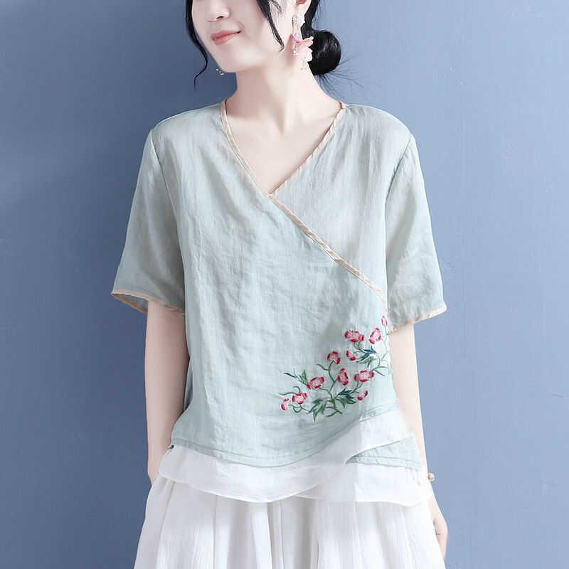 Womens Pink Floral Embroidered Linen Blouse Casual V Neck Wrap Short Sleeve Top