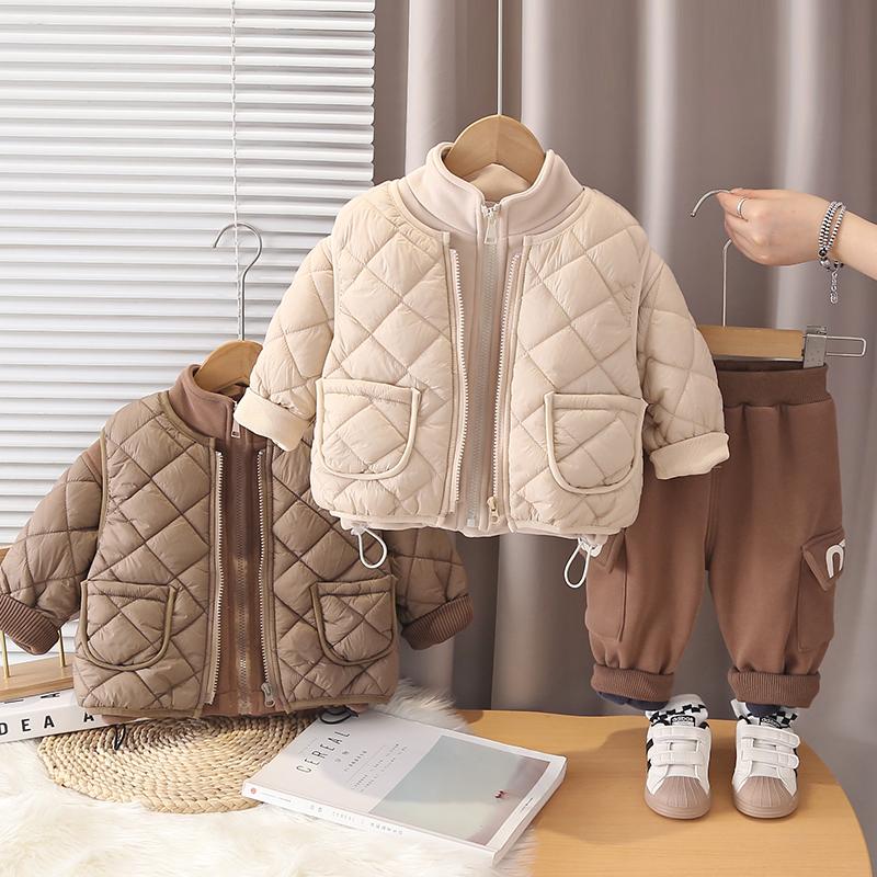Boys' 3-piece long sleeved set, 0-5 years old Children's warm vest+stand collar thick top+casual pants, Boys' fashionable set