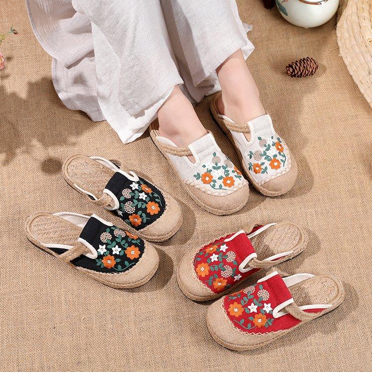 Women's platform office bag head slippers can be worn outside ethnic style old Beijing cloth shoes linen embroidery lazy pedal