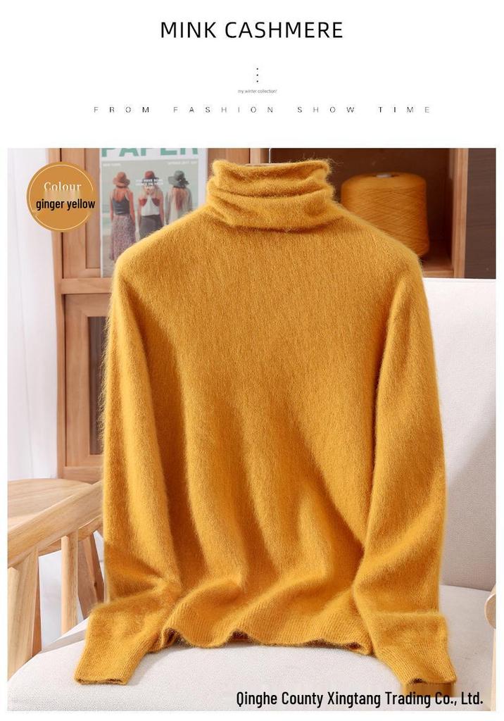 Mink Velvet Women's High Neck Rabbit Fur Knit Sweater, Slim Fit Cashmere Base Layer