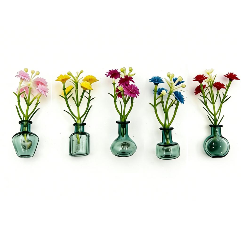 5/8pc Miniature Glass Vases with Faux Flowers Fridge Magnets Set, Artificial Plants Refrigerator Magnet for Kitchen Office Decor