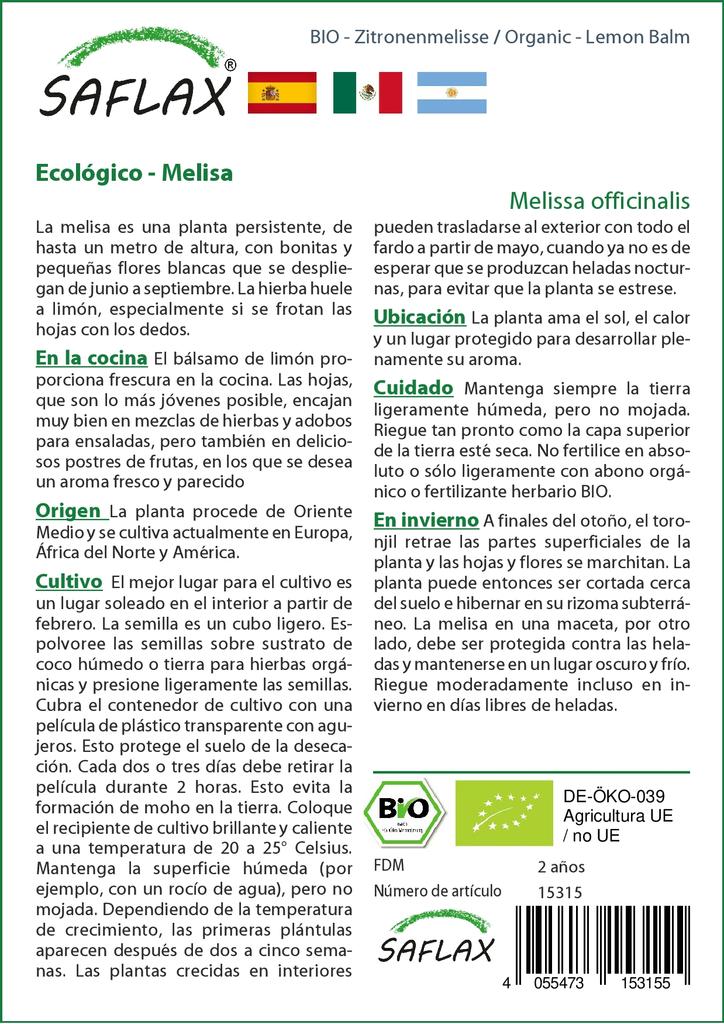 SAFLAX Garden In the Bag - Organic - Lemon Balm - 1000 Seeds - With Substrate In a Fitting Stand Up Bag - Melissa Officinalis