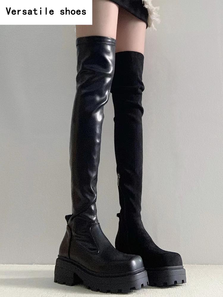 Stretch štíhlé ženy nad kolena vysoké kozačky móda boty z měkké kůže podzim zima tlustý podpatek dámy rytíř dlouhé kozačky