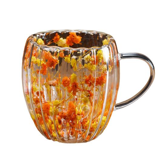 Double-Walled Glass Mug with Dried Flowers 250/350ml Heat Resistant Handle Coffee Cup for Hot Drinks Unique Artistic Glassware