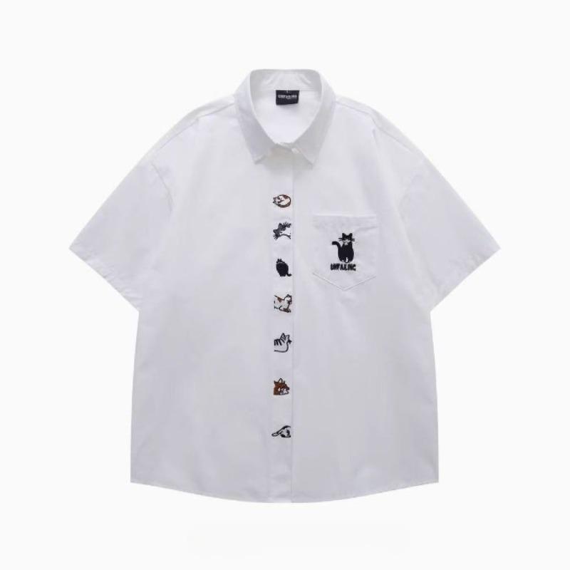 

Женские рубашки с вышитым забавным котом, однотонная рубашка с короткими рукавами и карманом, однобортные японские свободные топы с лацканами XXL белый