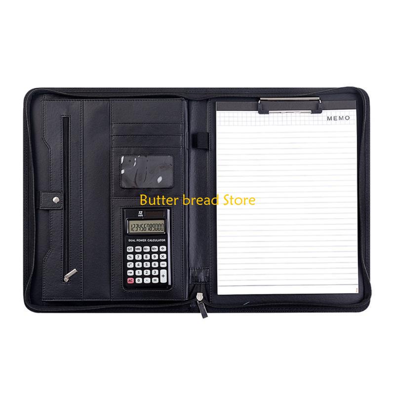 W89C Leather Conference Folder Zippered Business Document Case with Calculator Clipboard Multiple Pocket Card Holder Pen Slot